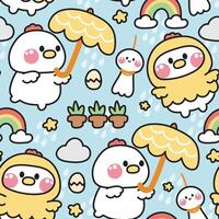 naadloos patroon van schattig kip in regenachtig seizoen concept backgorund.farm kip dier karakter tekenfilm ontwerp collectie.ei,ster,wolk,regen,jas hand- getekende.kawaii.illustratie. vector