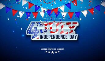 4e van juli onafhankelijkheid dag van de Verenigde Staten van Amerika illustratie met Amerikaans vlag in 3d tekst etiket en partij vlag Aan nacht blauw achtergrond. vierde van juli nationaal viering ontwerp met typografie vector