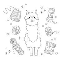 reeks met schattig alpaca en strengen van garen. tekening schets zwart en wit illustratie. vector