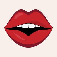 sensueel lippen in rood lippenstift icoon. Open mond met gezond tanden, wit glimlach. gemakkelijk logo vector