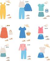 reeks van zomer outfits voor meisjes. gewoontjes kleren. meisjes kledingstukken voor zomer. kleding, schoenen en accessoires. eenvoudig toppen, rok, korte broek, schoenen, jurken, t-shirts. vector