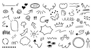reeks van schattig pen lijn tekening element . hand- getrokken tekening stijl verzameling van krabbel, toespraak bubbel, pijl, bloem, hart, kroon. ontwerp voor afdrukken, tekenfilm, kaart, decoratie, sticker. vector