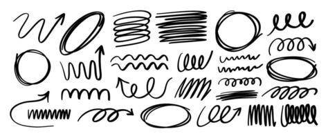reeks van kattebelletje tekening element . hand- getrokken tekening stijl verzameling van toespraak bubbel, krabbel, markeerstift, hoogtepunt, pijl. ontwerp voor afdrukken, tekenfilm, kaart, decoratie, sticker. vector