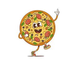 tekenfilm retro pizza groovy karakter vieren vector