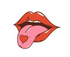 tekenfilm retro groovy hippie liefde lippen met tong vector