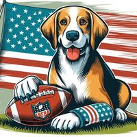 een hond zittend en Amerikaans Amerikaans voetbal wijnoogst gegraveerde stijl vector