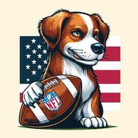 een schattig hond zittend en Holding een Amerikaans Amerikaans voetbal met vlag vector