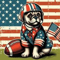 een hond met Amerikaans vlag en Amerikaans voetbal wijnoogst gegraveerde stijl vector