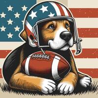 een hond vervelend helm en Holding een Amerikaans Amerikaans voetbal gegraveerde stijl vector