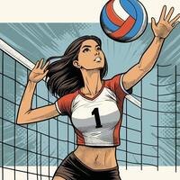 een Dames strand volleybal speler springen naar schieten de volleybal vooraan van de netto wijnoogst gegraveerde vector