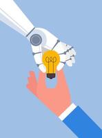 concept van kunstmatig intelligentie- assistent, ai robot handen en menselijk handen Holding licht lamp, machine aan het leren helpen mensen denken van ideeën, vector