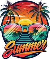 zomer etiket met palm bomen, zon en zonnebril. illustratie. vector