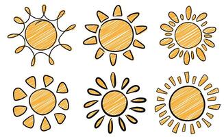 schattig tekening zon verzameling. tekenfilm ontwerp elementen. vector