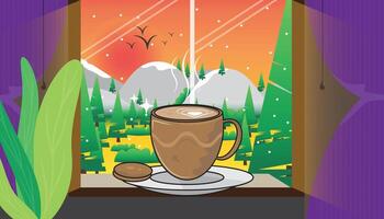 koffie kop met ochtend- buiten visie van venster illustratie. vector