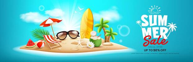 zomer uitverkoop eiland strand, surfplank, stapel van zand, kokosnoot boom, watermeloen, strand paraplu, strand stoel, strand bal, kokosnoot fruit, banier ontwerp, Aan wolk blauw achtergrond vector