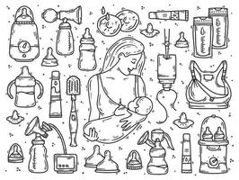 borstvoeding en borstvoeding van een vrouw met een baby, een set van vector doodle schets iconen. apparaten voor de verpleging en voeding met melk.