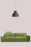 huis meubilair, leven kamer interieur ontwerp. groen sofa stoel met hangende lamp. minimaal samenstelling 3d weergave. vector