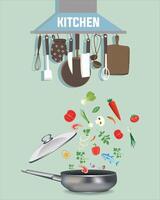 Koken met vliegend groenten onder de deksel, hangende keuken gebruiksvoorwerpen. vector