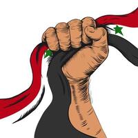 17 april. gelukkig onafhankelijkheid dag voor de land van Syrië met gebalde vuist en syrisch vlag lintje. hand- Holding nationaal vlag van Syrië. illustratie Aan wit voor banier, sociaal media, na. vector