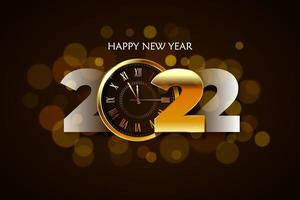 nieuwjaar 2022 bokeh achtergrond met gouden klok. realistische klok gouden nieuwjaarsachtergrond vector