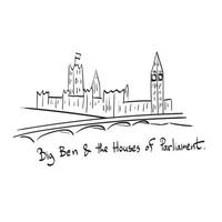Big Ben en de huizen van het Parlement met brug en de rivier de Theems illustratie vector geïsoleerd op een witte achtergrond lijntekeningen.