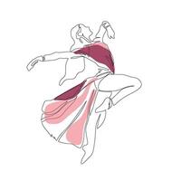 doorlopend lijn kunst tekening. ballet danser ballerina jumping in mooi rood roze jurk droom vector