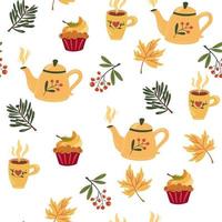 herfst theekransje naadloze patroon. theepot, kop, cake, herfstbladeren en bessen. gezellige tijd. perfect voor het printen op papier, stof, verpakking, design of decor. hand tekenen vectorillustratie. vector