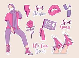 girl powers stickers collectie met meisjesillustratie en enkele elementen vector