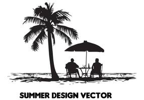 zomer ontwerp palm boom zittend Aan stoel voorkant tafel en paraplu Mens strand voor afdrukken Aan vraag naar zwart stoutmoedig gemakkelijk schets Aan wit achtergrond vrij ontwerp vector