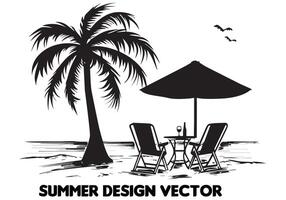 zomer ontwerp palm boom zittend Aan stoel voorkant tafel en paraplu Mens vrij ontwerp vector