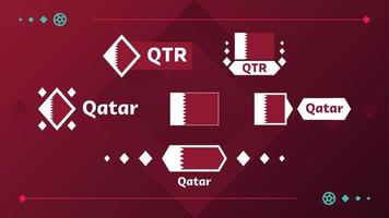 set van qatar vlag en tekst op 2022 voetbaltoernooi achtergrond. vector illustratie voetbal patroon voor banner, kaart, website. bordeaux kleur nationale vlag qatar