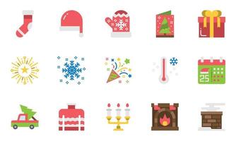 kerst iconen platte vector illustratie, winter, sneeuw, kerstdag