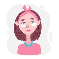 hand getekend vrouwelijk personage met cosmetische patches op haar gezicht. koreaanse cosmetica schoonheid huidverzorging concept. vector cartoon illustratie