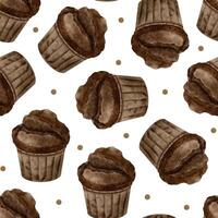 waterverf naadloos patroon van chocola muffins. zoet bakkerij producten. achtergrond van gebakje voor ontwerp van etiketten, verpakking van goederen, kaarten, voor bakkerij, bakkerij. vector