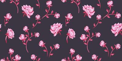 naadloos patroon met schattig rozenknopjes, rozen, knoppen. hand- getrokken abstract ditsy bloemen. roze, rood roos Aan de zwart achtergrond. collage sjabloon voor ontwerpen, afdrukken, kleding stof vector