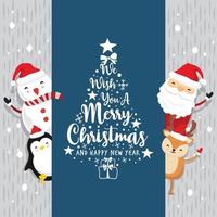 kerstman herten pinguïn tekst prettige kerstdagen en gelukkig nieuwjaar - vintage blauw vector