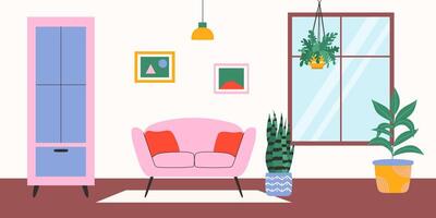 leven kamer met meubilair en groen planten. illustratie. vector