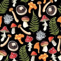 naadloos patroon met eetbaar rauw champignons Aan zwart achtergrond vector