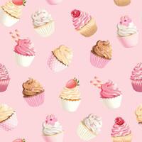 naadloos patroon met hoog gedetailleerd pastel roze en wit cupcakes vector