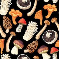 naadloos patroon met eetbaar rauw champignons Aan zwart achtergrond vector