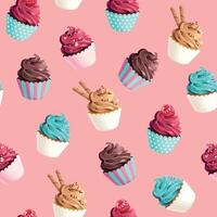 naadloos patroon met hoog gedetailleerd pastel roze en taling cupcakes vector