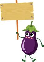 grappig aubergine mascotte Holding een houten teken vector