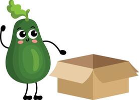 grappig avocado mascotte met Open karton doos vector