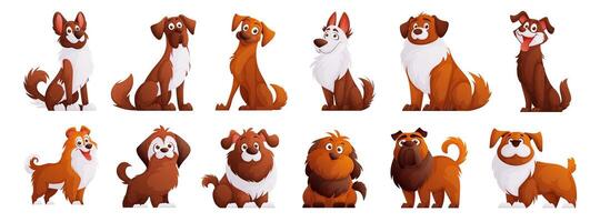 schattig bruin honden set. tekenfilm tekens van honden of puppy's creëren een verzameling met verschillend rassen. reeks van grappig huisdieren. vector