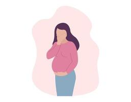 zwangerschapstoxicose. zwangere vrouw die lijdt aan misselijkheid en braken. ochtendmisselijkheid. vector concept illustratie