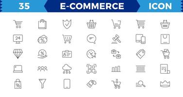 e-commerce reeks van web pictogrammen in lijn stijl..online boodschappen doen pictogrammen voor web en mobiel app. .bedrijf, bank kaart, .cadeaus, uitverkoop, levering. e-business symbool. solide pictogrammen verzameling vector