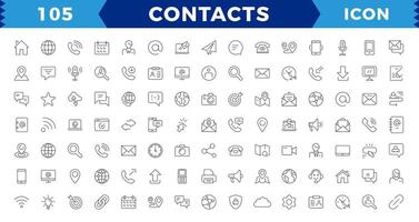 contact en communicatie iconenset, schets icoon voor contact, babbelen en communicatie.web en mobiel icoon. chatten, steun, bericht, telefoon.dun lijnen web pictogrammen reeks - contact ons. vector