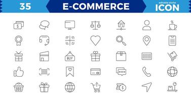 e-commerce reeks van web pictogrammen in lijn stijl..online boodschappen doen pictogrammen voor web en mobiel app. .bedrijf, bank kaart, .cadeaus, uitverkoop, levering. e-business symbool. solide pictogrammen verzameling vector