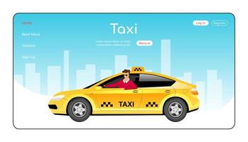 taxi bestemmingspagina egale kleur vector sjabloon. lay-out van de startpagina van de stedelijke reisservice. taxi levering één pagina website-interface met stripfiguur. expres transportbestelling webbanner, webpagina