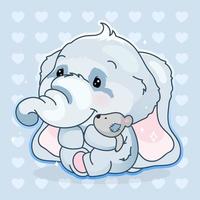 schattige olifant kawaii stripfiguur vector. schattige en grappige dieren knuffelen pluche knuffel geïsoleerde sticker, patch. anime babyjongen olifant emoji op blauwe achtergrond vector